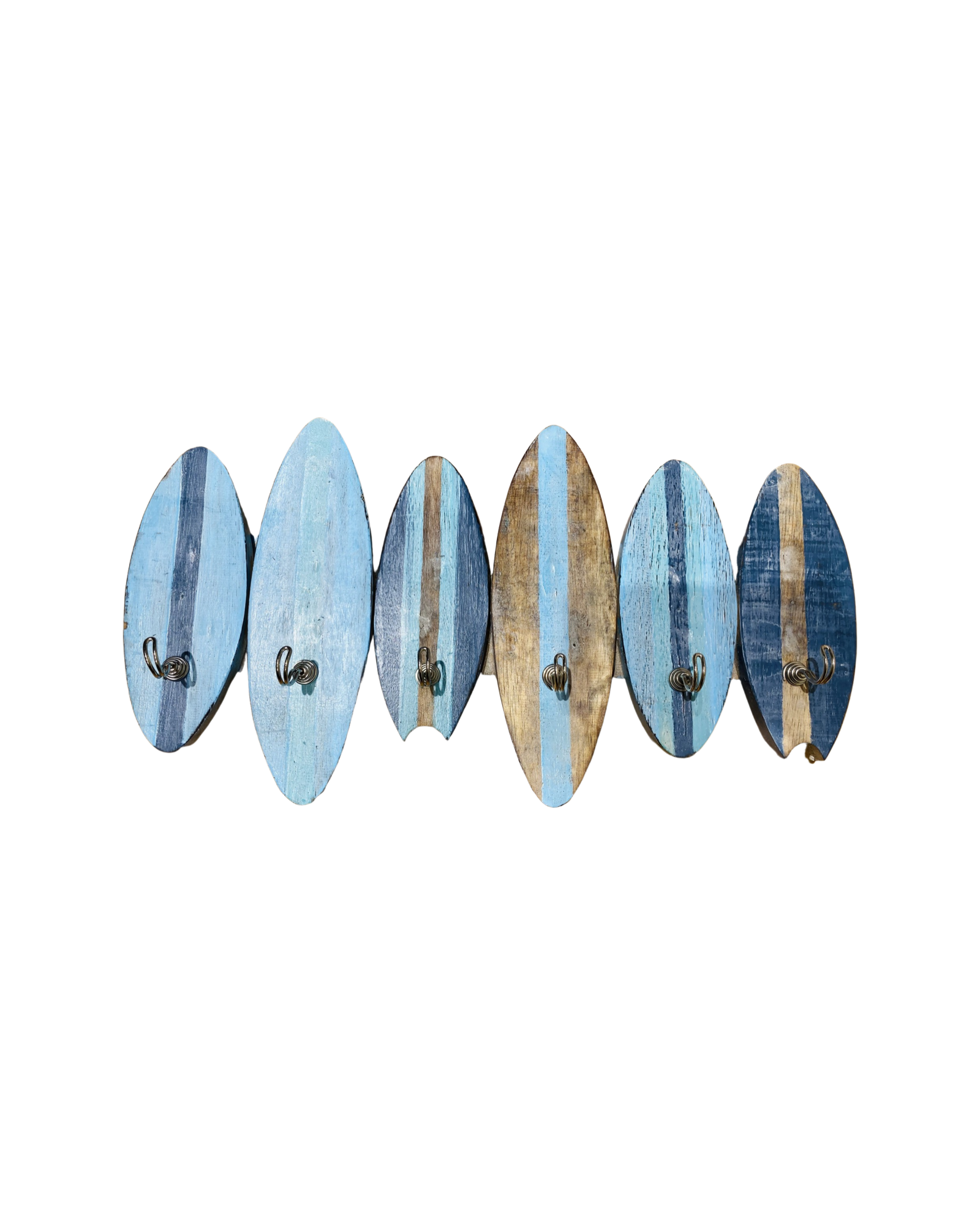 A wall art hanger with six carved surfboards in different shades on blue and six silver hangers to hold various items. 