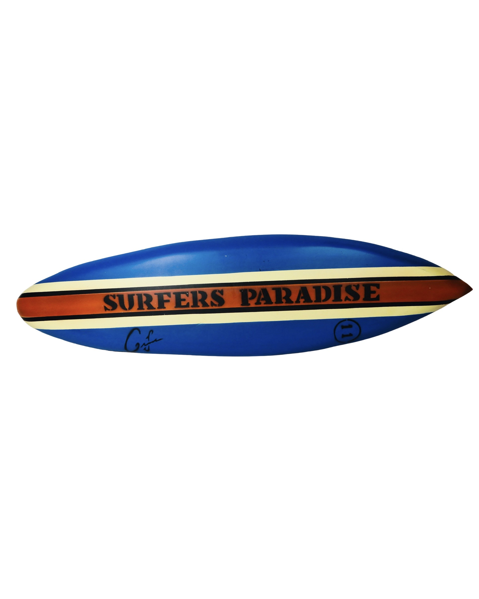 Solid mahogany surfboards with 'Surfers Paradise' writing. Available in grey, blue and natural. 