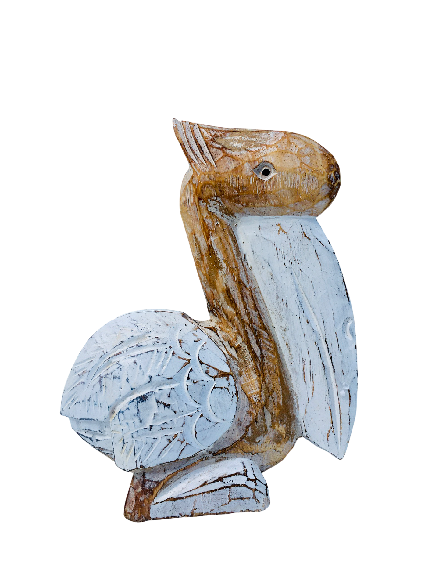 Wooden carved pelicans. Available in multiple colours and sizes.