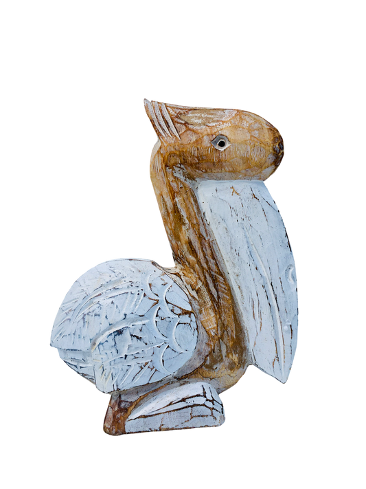 Wooden carved pelicans. Available in multiple colours and sizes.