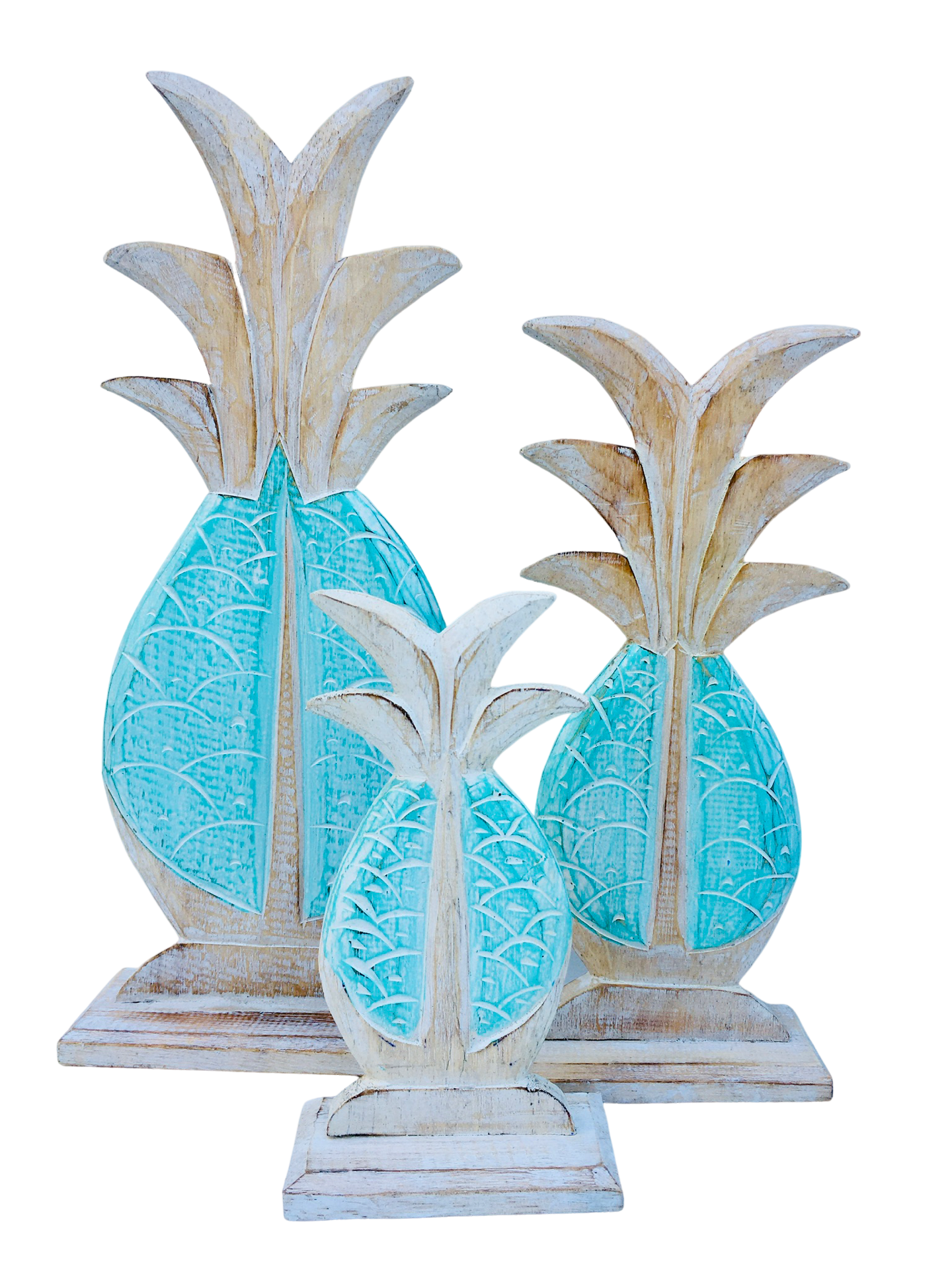 Wooden carved standing pineapples available in different colours and sizes. 