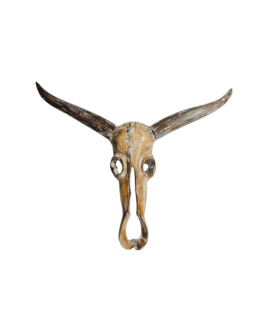 A rustic wooden Bulls Head suitable as wall art. Comes in a brown finish with slight white wash detailing. 