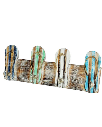 Wall art hanger with four coloured wooden flip flops and four hook hangers to hold your belongings. 