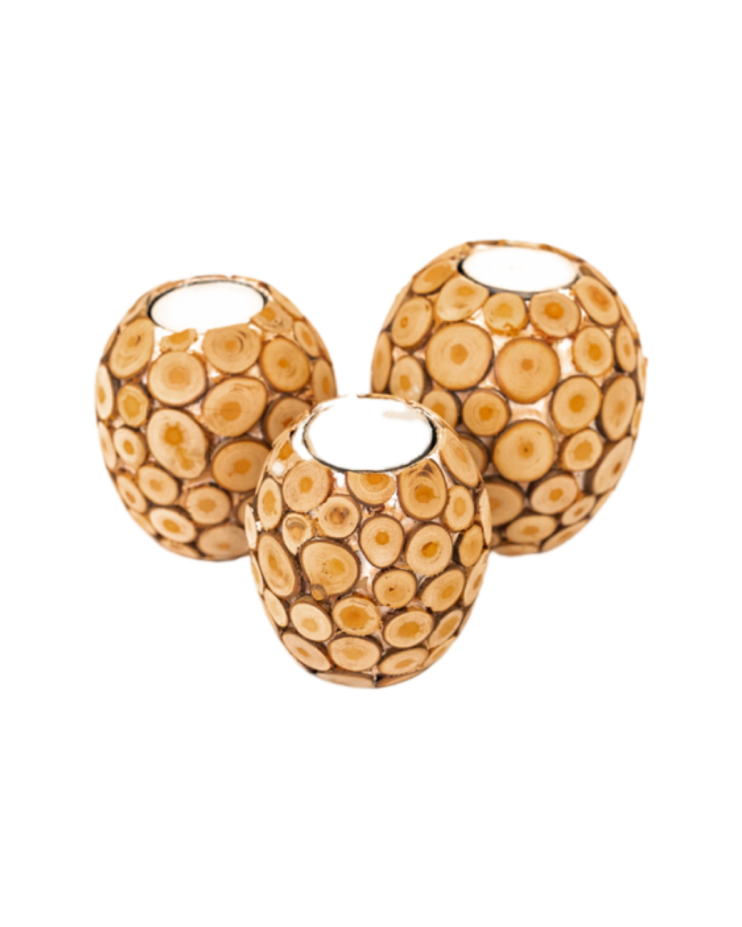 A set of three round teak candle holders in different sizes. 
